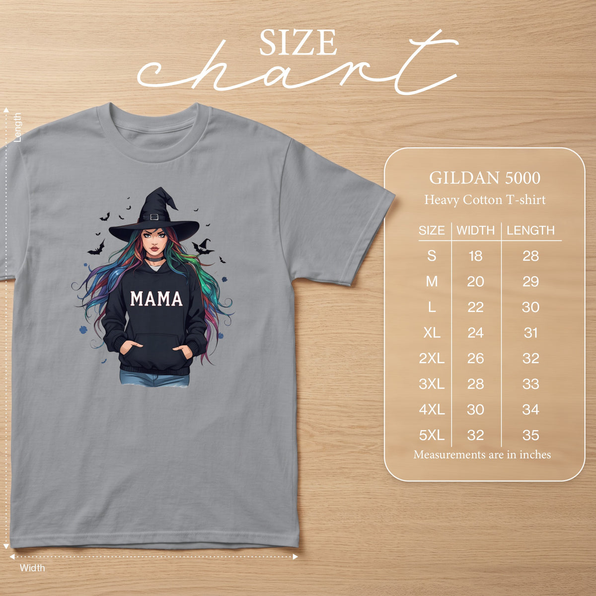 Grey t-shirt with witch graphic and "MAMA" text, GILDAN 5000 size chart.