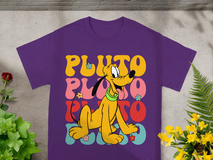 Purple t-shirt with Pluto design in colorful wavy text.