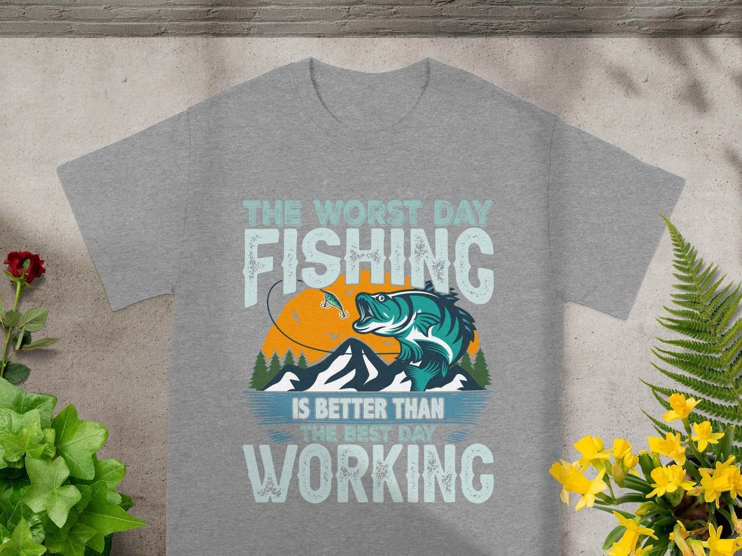 Grey t-shirt with a fishing graphic and text message.