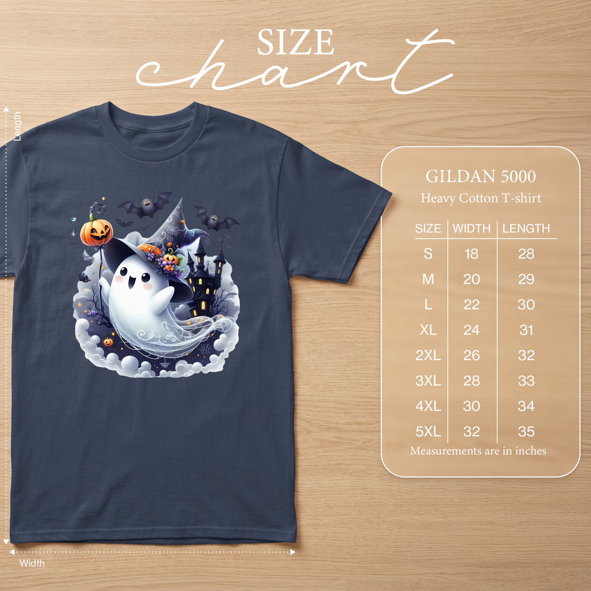 Gildan 5000 Heavy Cotton T-shirt size chart with ghost Halloween graphic.