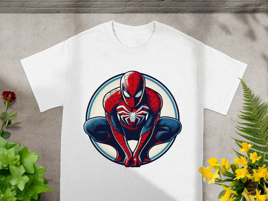 White t-shirt with Spider-Man crouching in a blue circle.