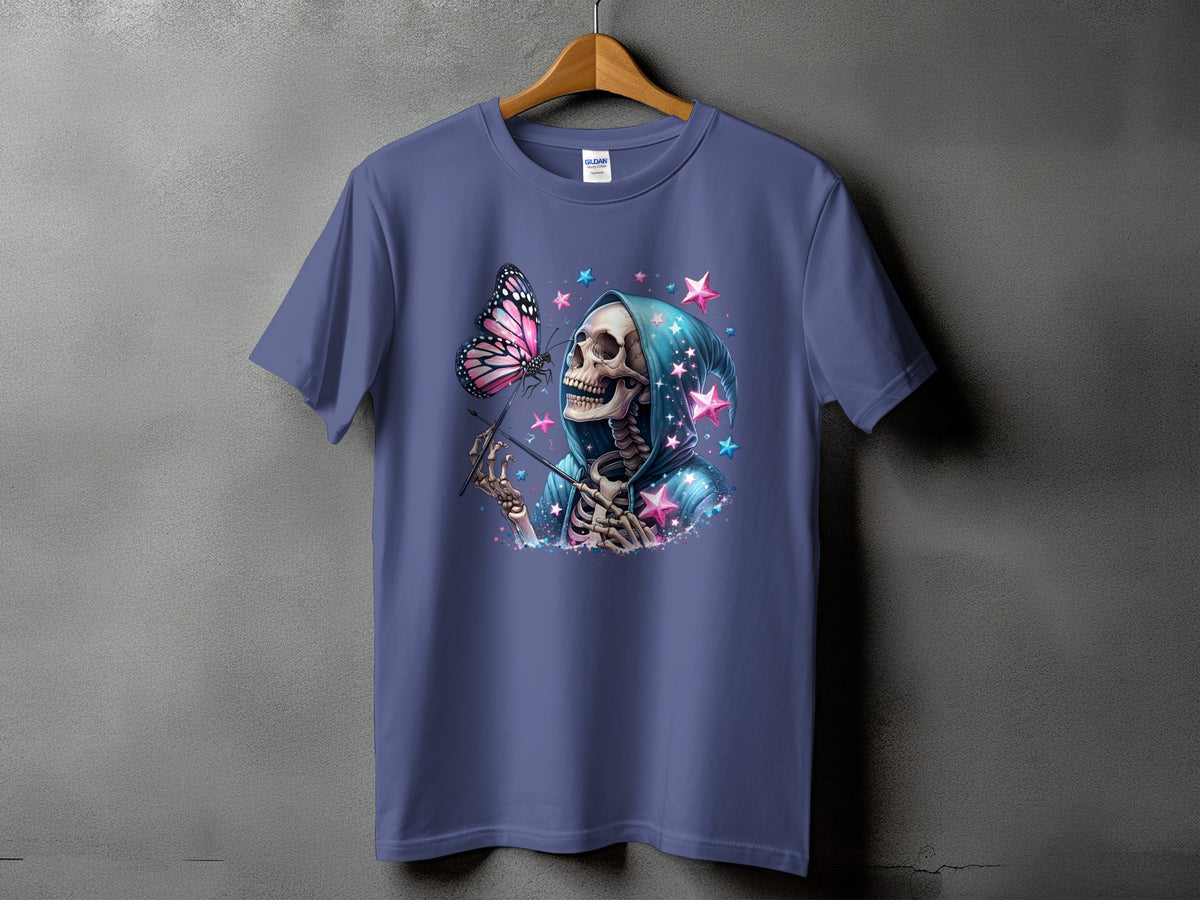 Skeleton in a blue hooded robe holding a wand, with a pink butterfly and stars.