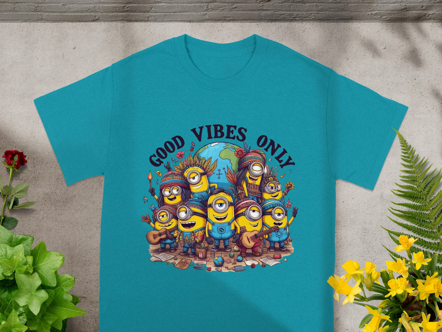 Minions wearing hippie attire surrounding Earth, with "GOOD VIBES ONLY" text.