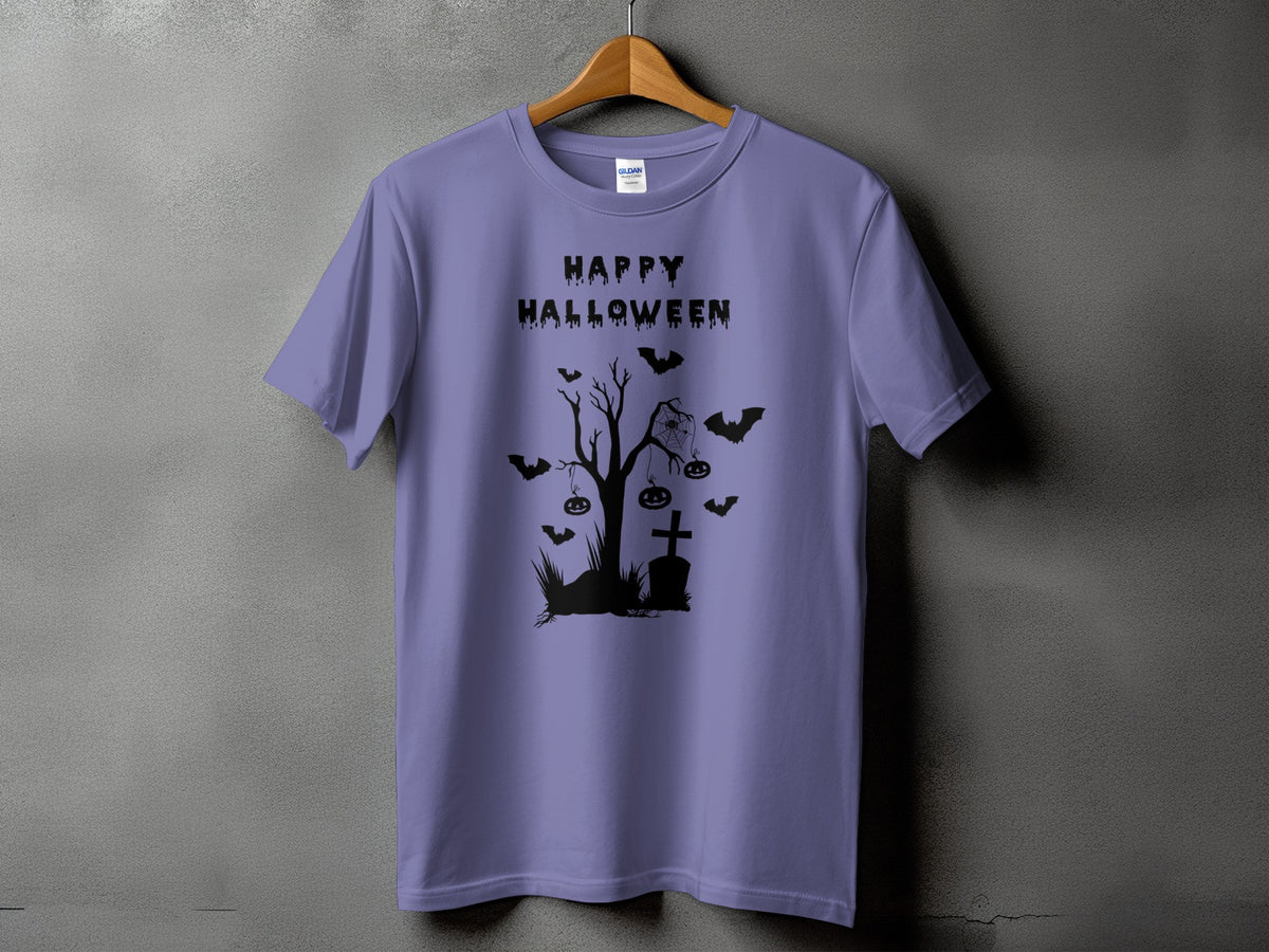 Purple t-shirt with a black Halloween graphic featuring bats, pumpkins, and a gravestone.