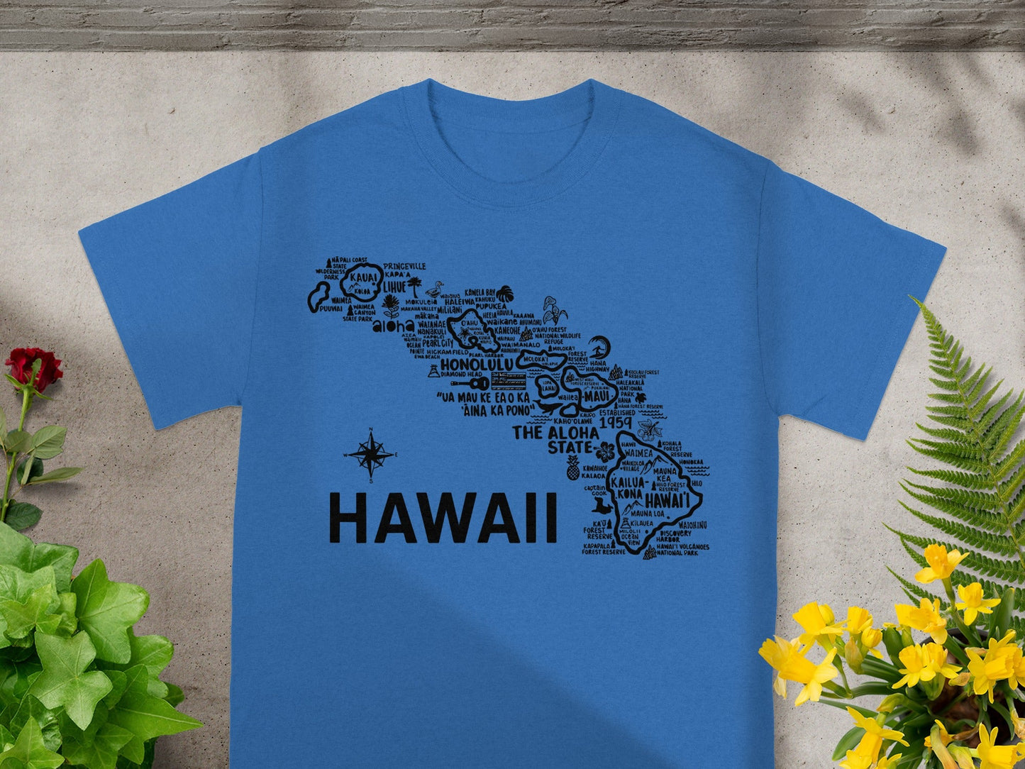 Blue T-shirt with Hawaii Map Design and Place Names