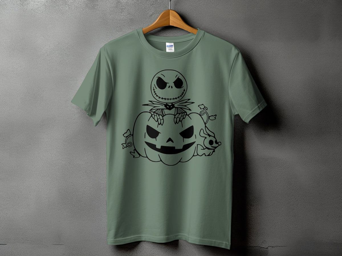Green t-shirt with black outline graphic of Jack Skellington and a jack-o'-lantern.
