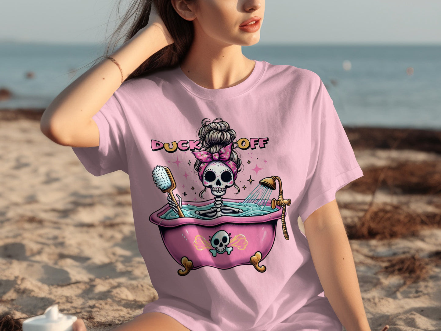 Duck Off Skeleton Bathtub Graphic Pink T-Shirt