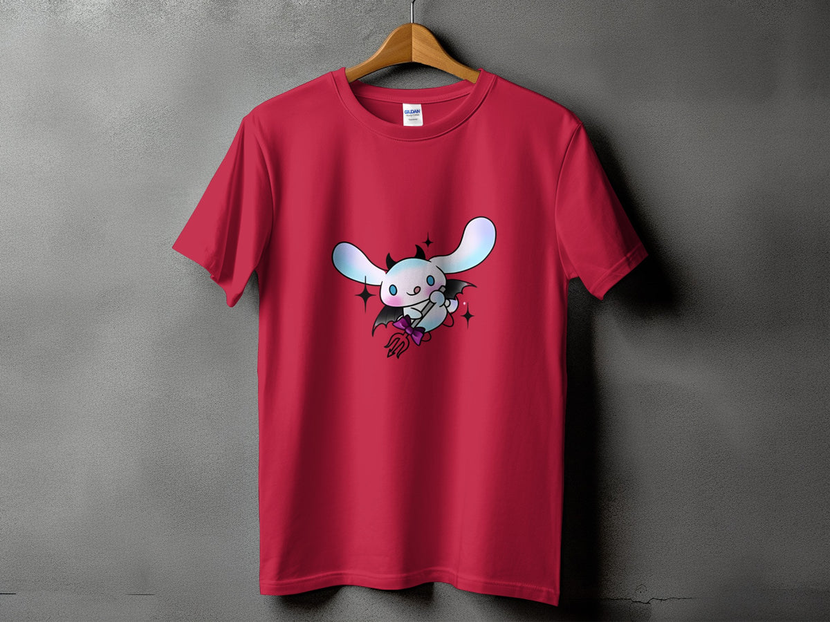 Red t-shirt with a white cartoon rabbit character in a devil costume.