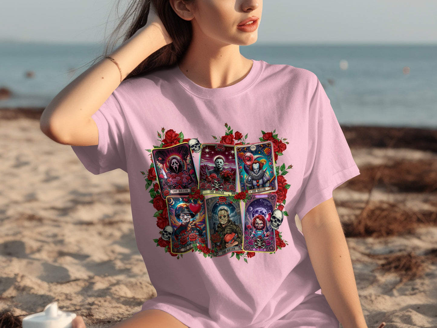 Gothic Tarot Card Print Tee with Skull and Roses Design