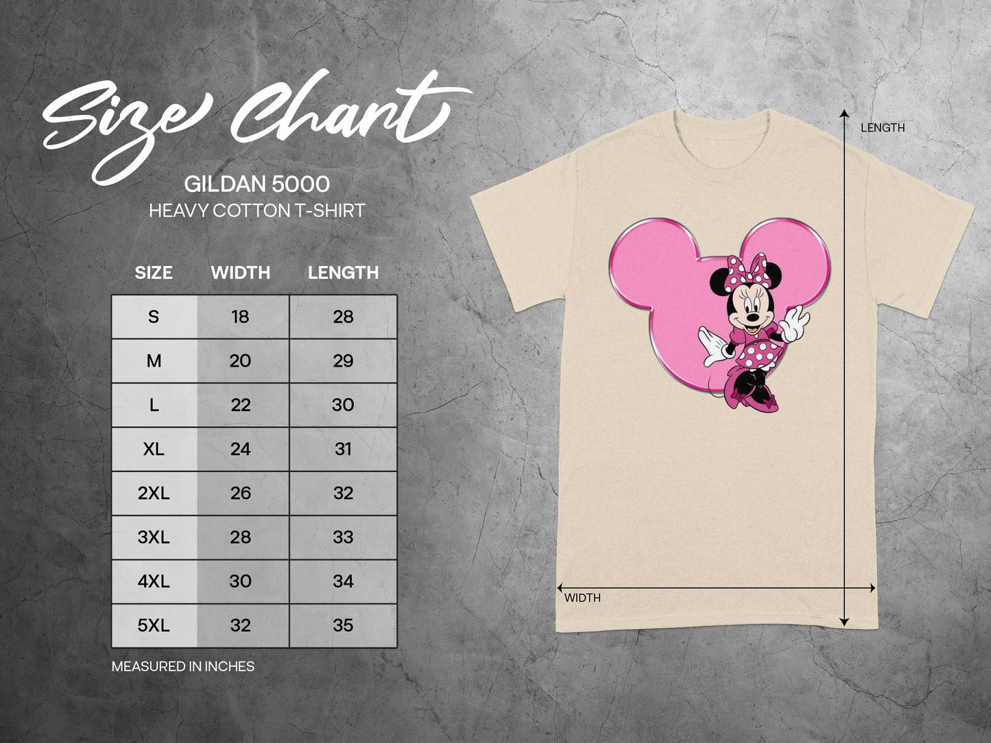 Minnie Mouse Pink Ears Size Chart Gildan 5000 product type