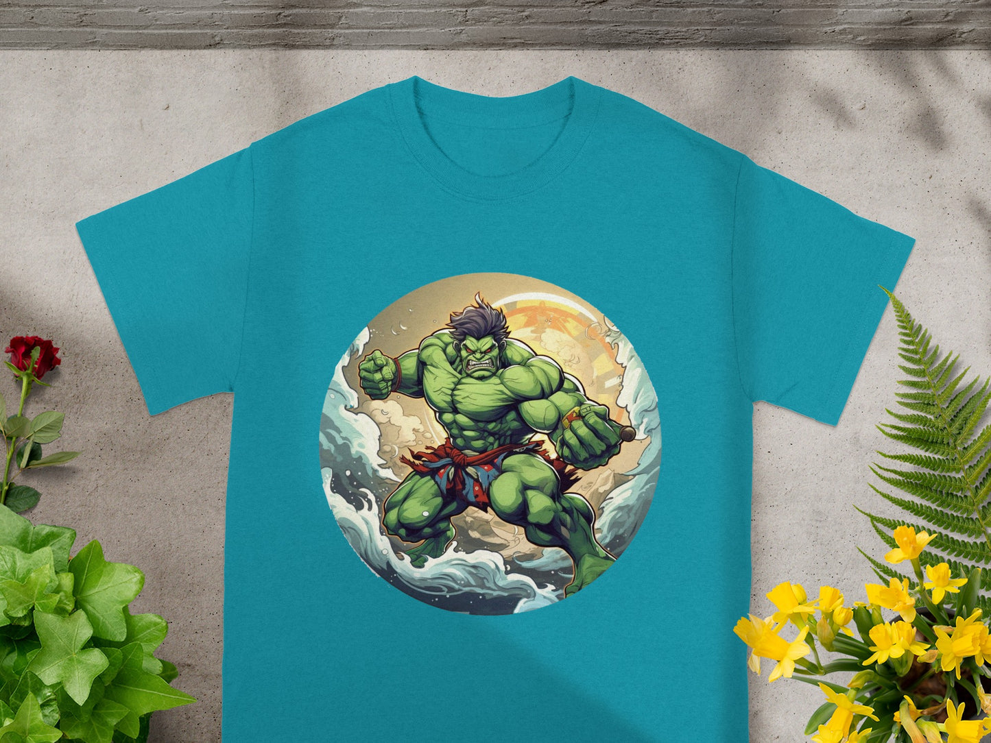Teal t-shirt with Hulk punching through a circular comic-style background.