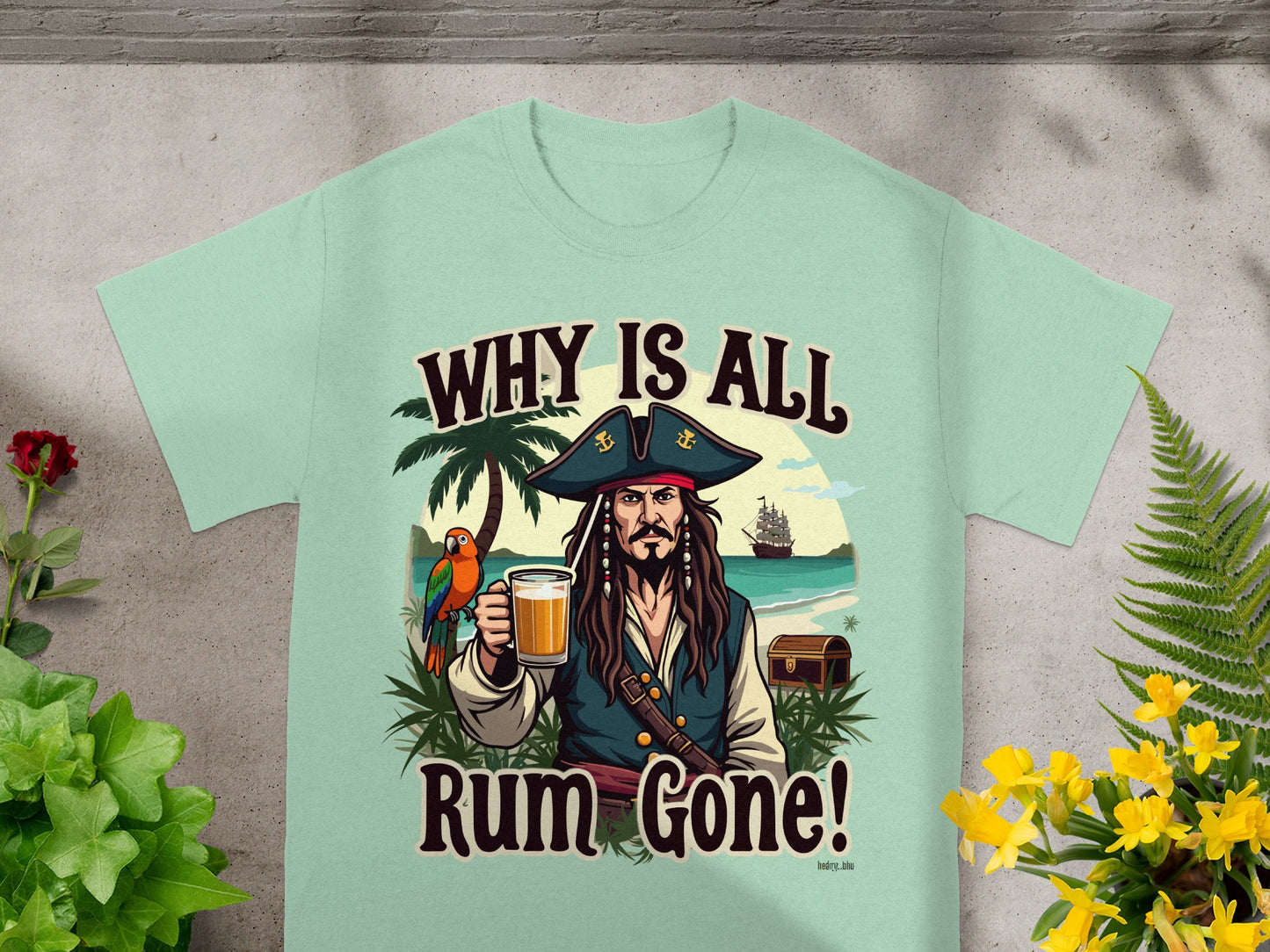 Pirate with parrot and rum saying "Why is all Rum Gone!"