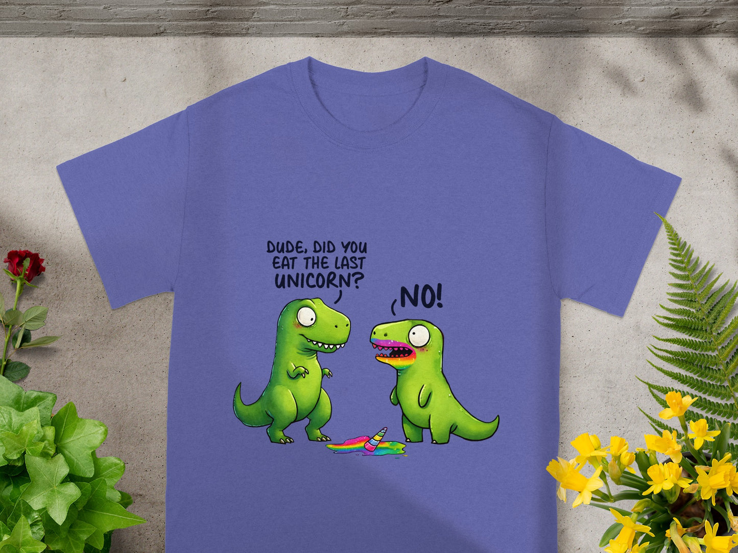Two green dinosaurs with the text "DUDE, DID YOU EAT THE LAST UNICORN?" and "NO!"