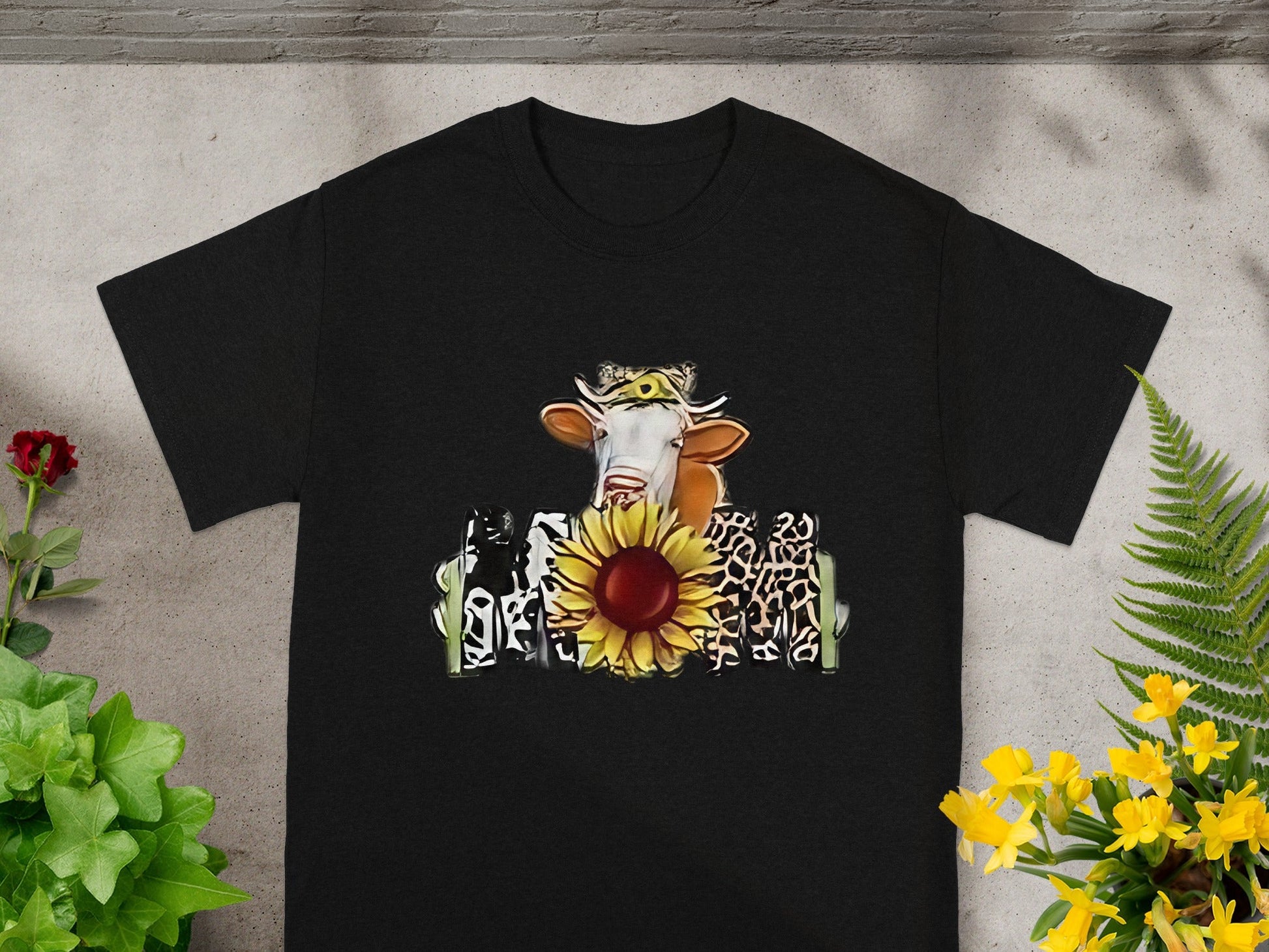 Unique Cow and Sunflower Design on Black T-shirt