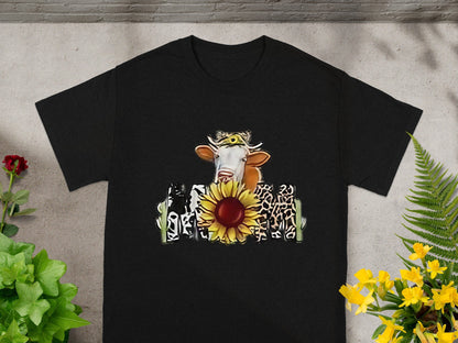 Unique Cow and Sunflower Design on Black T-shirt