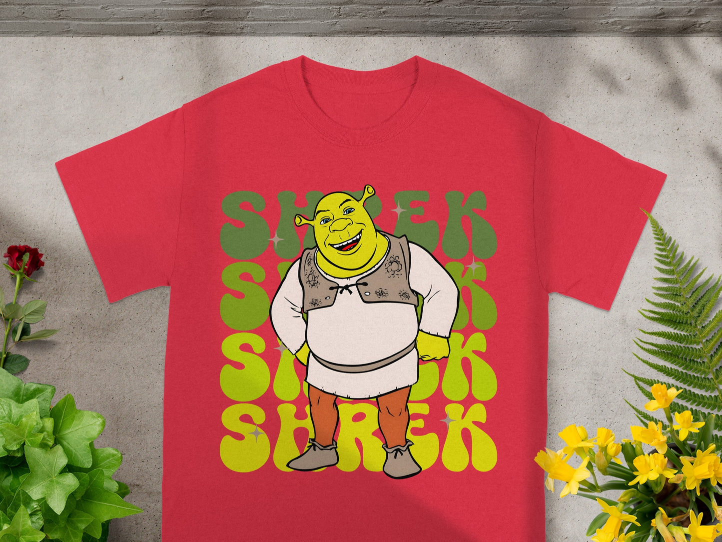 Red t-shirt with Shrek graphic and green "Shrek" text.