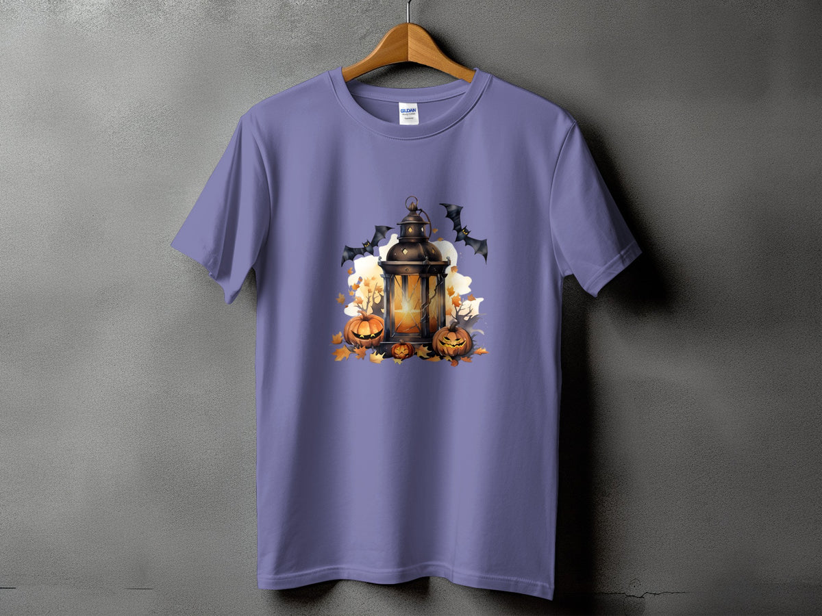 Purple t-shirt with Halloween graphic of lantern, pumpkins, and bats.