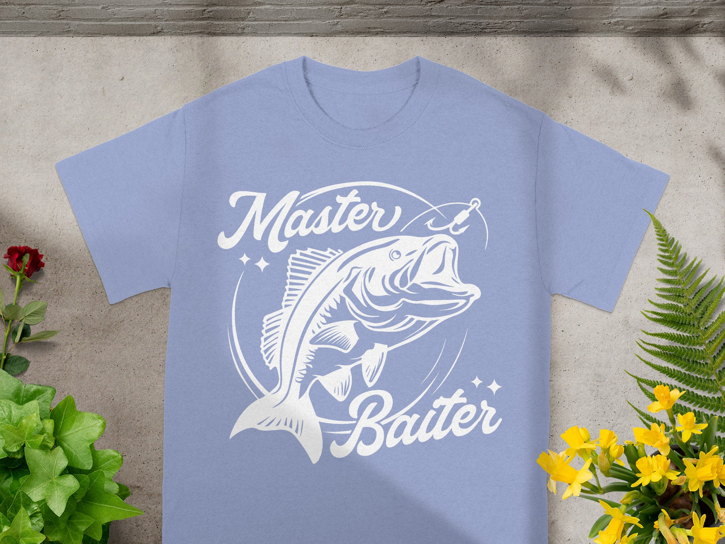 Light blue t-shirt with white "Master Baiter" text and leaping fish graphic.