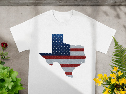 White t-shirt with Texas outline featuring a distressed American flag design.