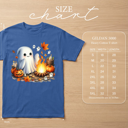 Blue t-shirt with ghost, pumpkins, campfire, and autumn leaves design. Gildan 5000 size chart.