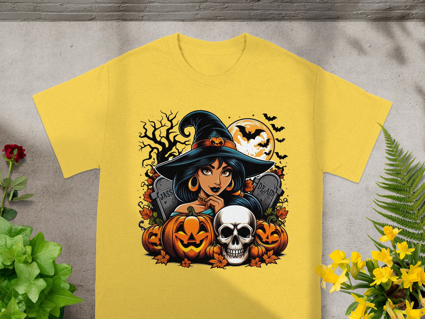 Halloween graphic of a witch, pumpkins, skull, tombstones, and bats.