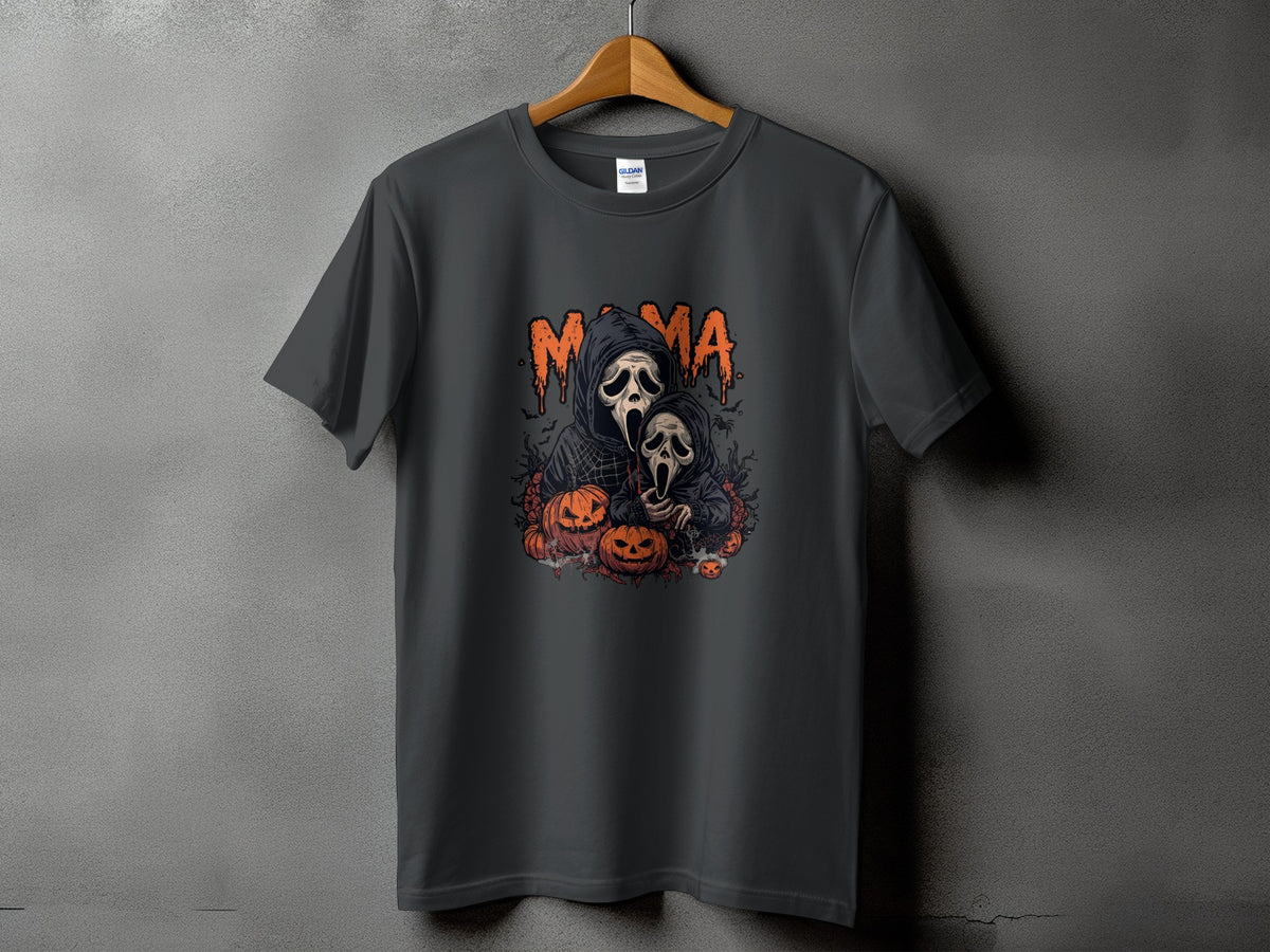 Dark gray t-shirt with "Mama" text and ghost characters with pumpkins.