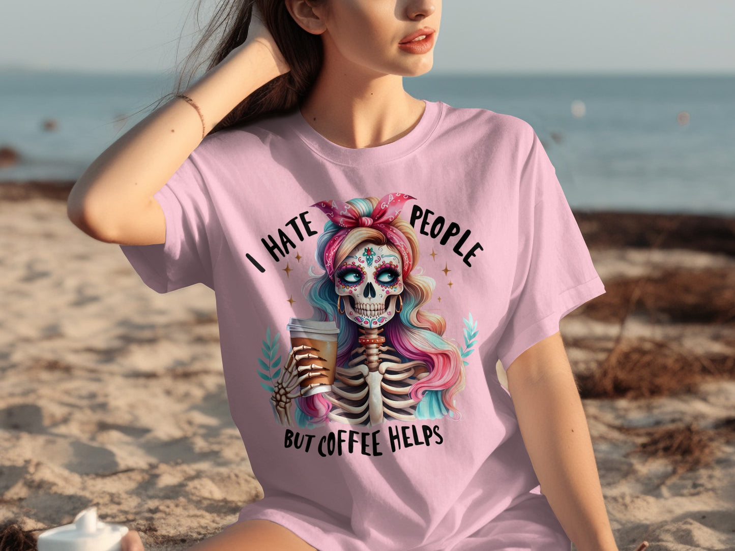 I Hate People But Coffee Helps Skeleton T-Shirt