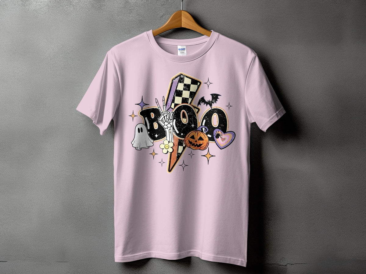 Pink t-shirt with a distressed "Boo" graphic featuring Halloween icons.