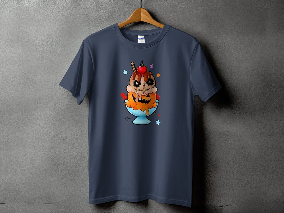 T-shirt featuring a spooky ice cream sundae with a pumpkin base.