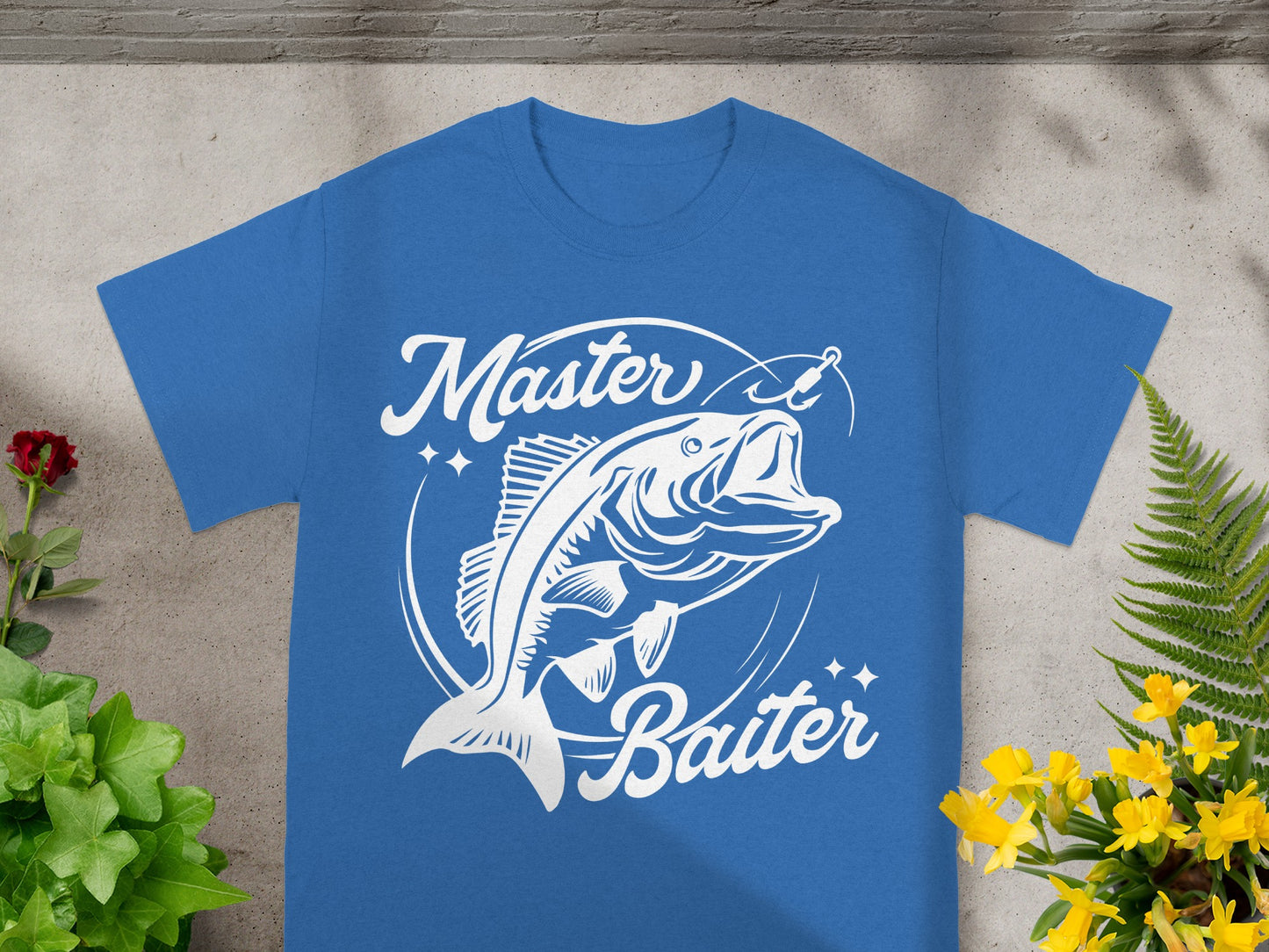 Blue t-shirt with white graphic of a leaping fish and text "Master Baiter."