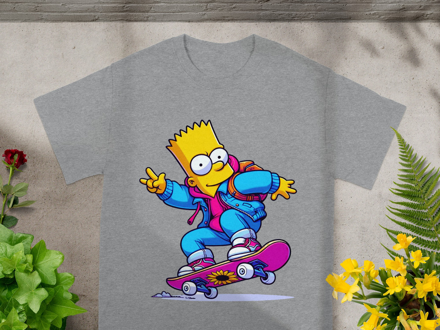 Bart Simpson in colorful clothing riding a skateboard, giving a peace sign.