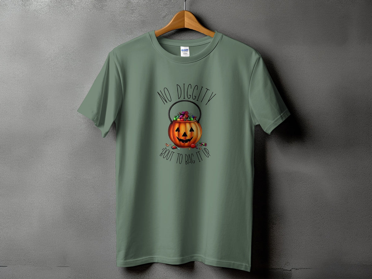 Green t-shirt with jack-o'-lantern candy bucket graphic and "No Diggity Bout to Bag It Up" text.