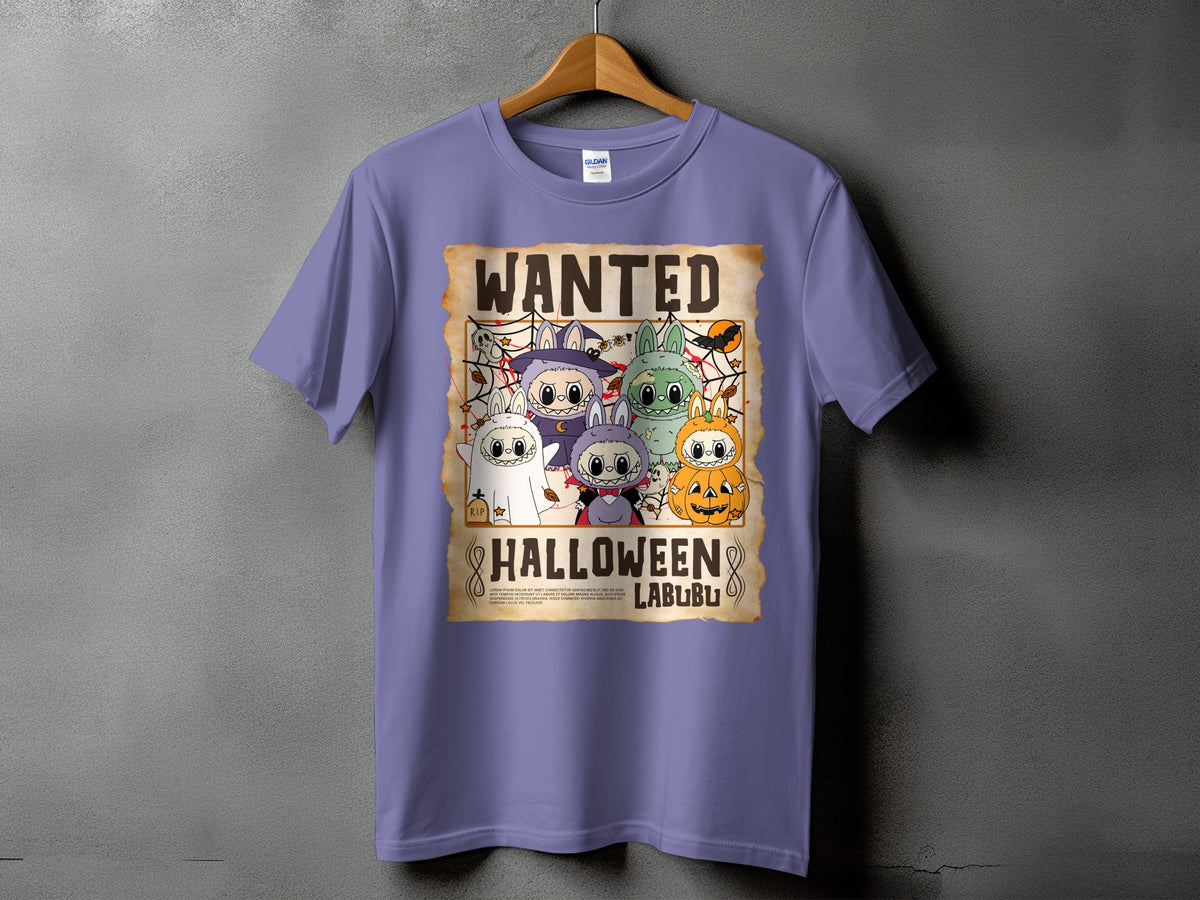 Purple t-shirt with a "WANTED" Halloween poster featuring cartoon characters and text.