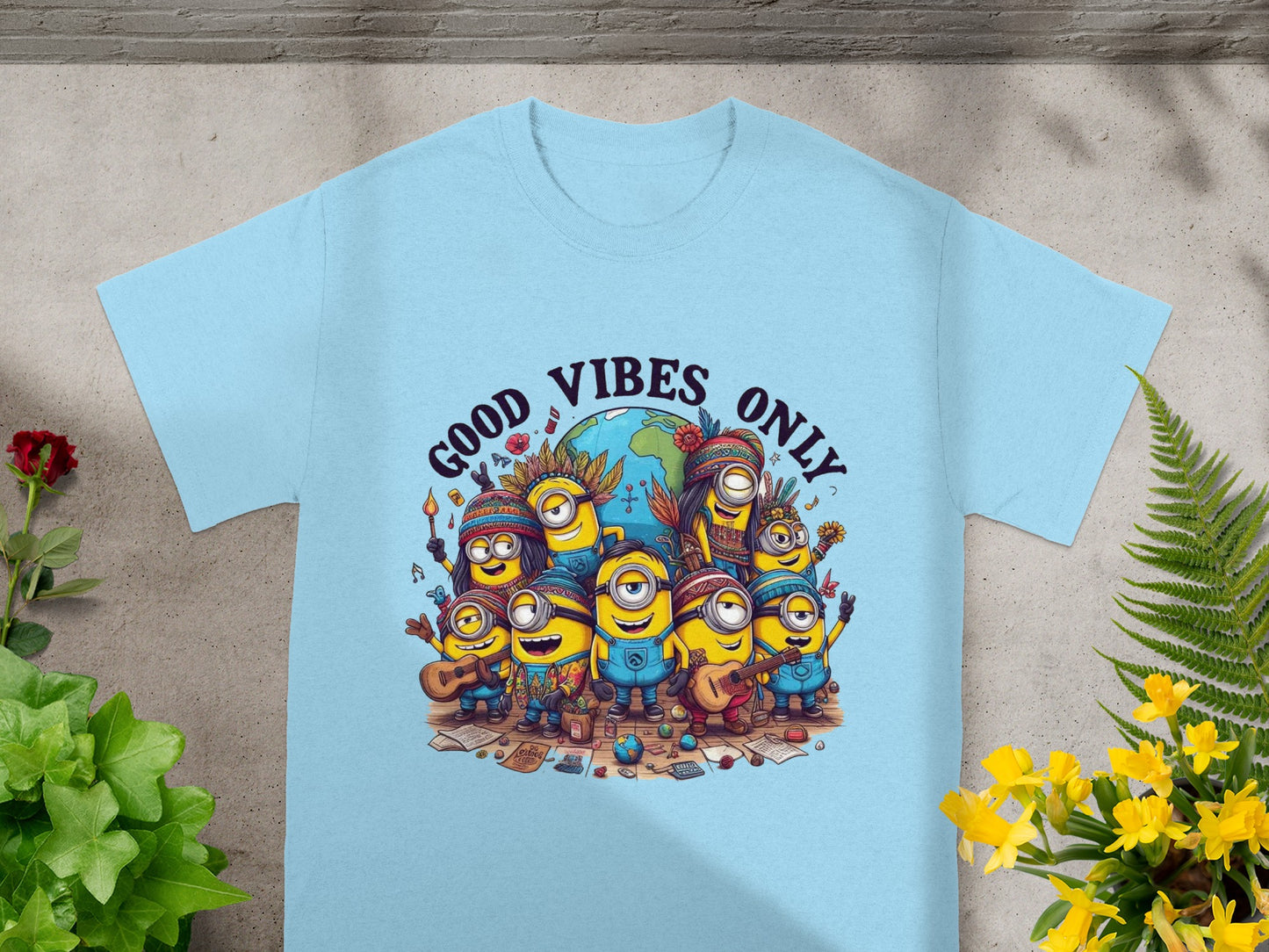 Minions in colorful outfits with musical instruments around a globe, saying "Good Vibes Only."