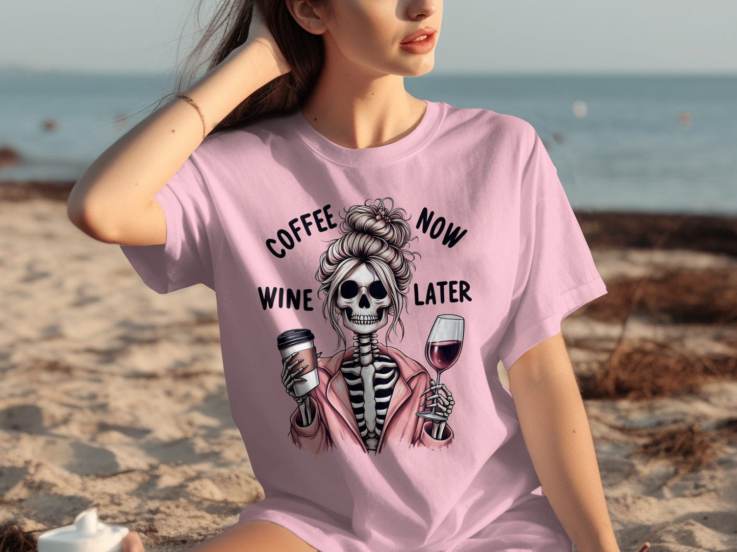 Coffee Now Wine Later Skeleton Graphic T-Shirt