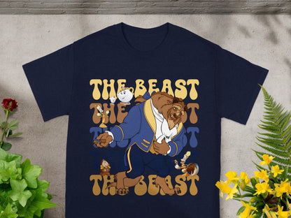 Navy t-shirt with "The Beast" in yellow and blue text and cartoon characters.
