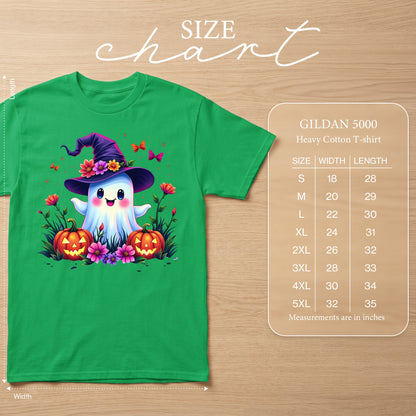 Green t-shirt with a cute ghost wearing a witch hat, pumpkins, and flowers. Size chart included.