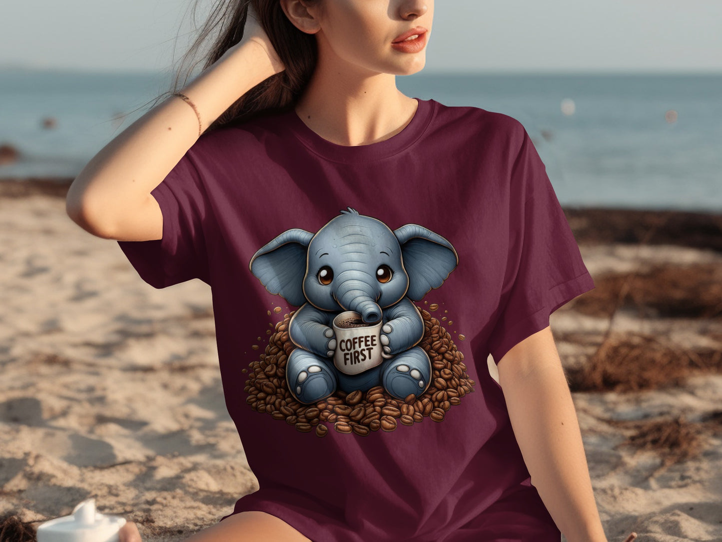Adorable Elephant Holding Coffee First T-shirt