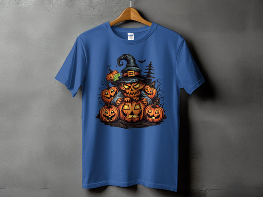 Blue t-shirt with a Halloween graphic of a pumpkin character with a hat surrounded by other pumpkins.