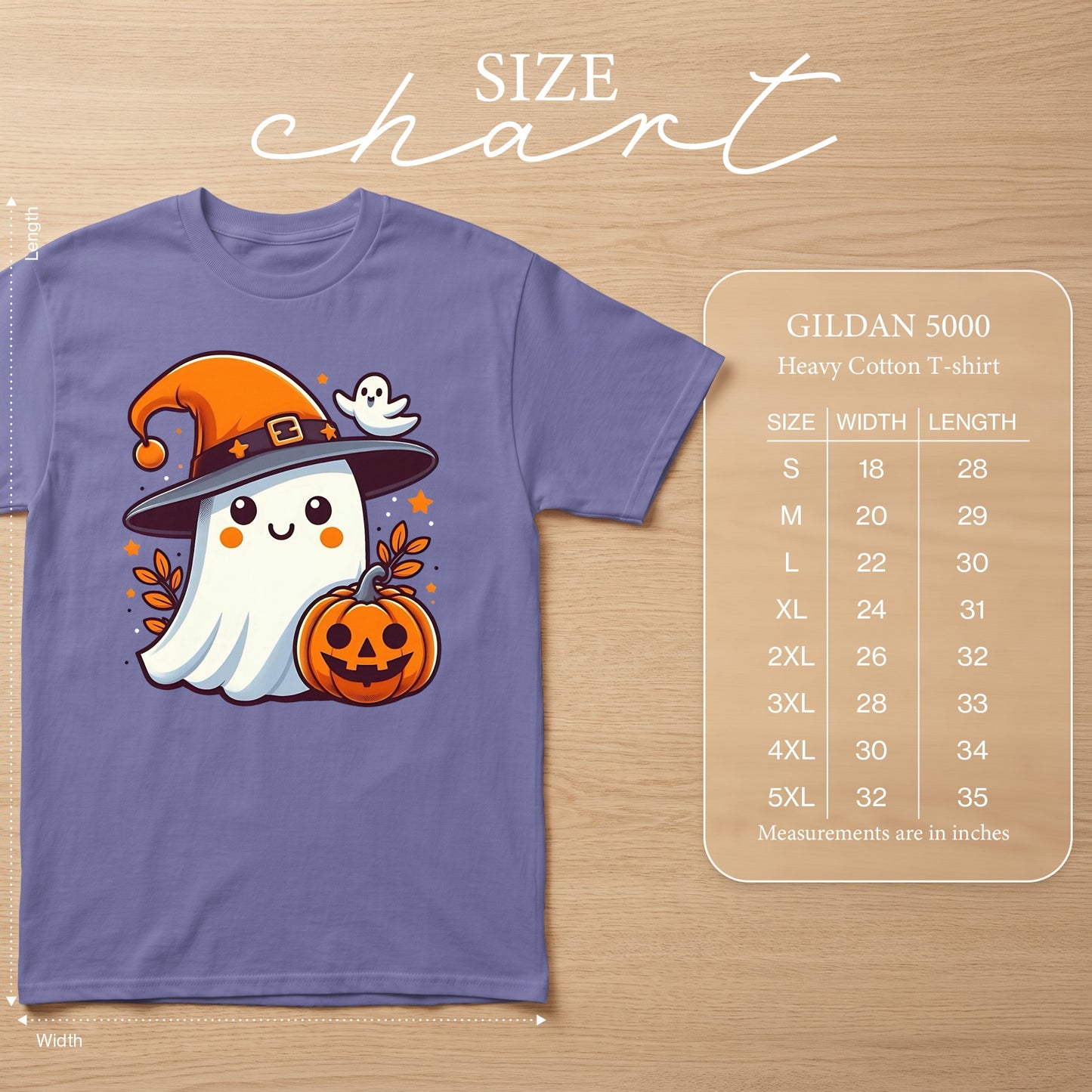 Purple t-shirt with a cute ghost wearing a witch hat and holding a pumpkin. Size chart for Gildan 5000.