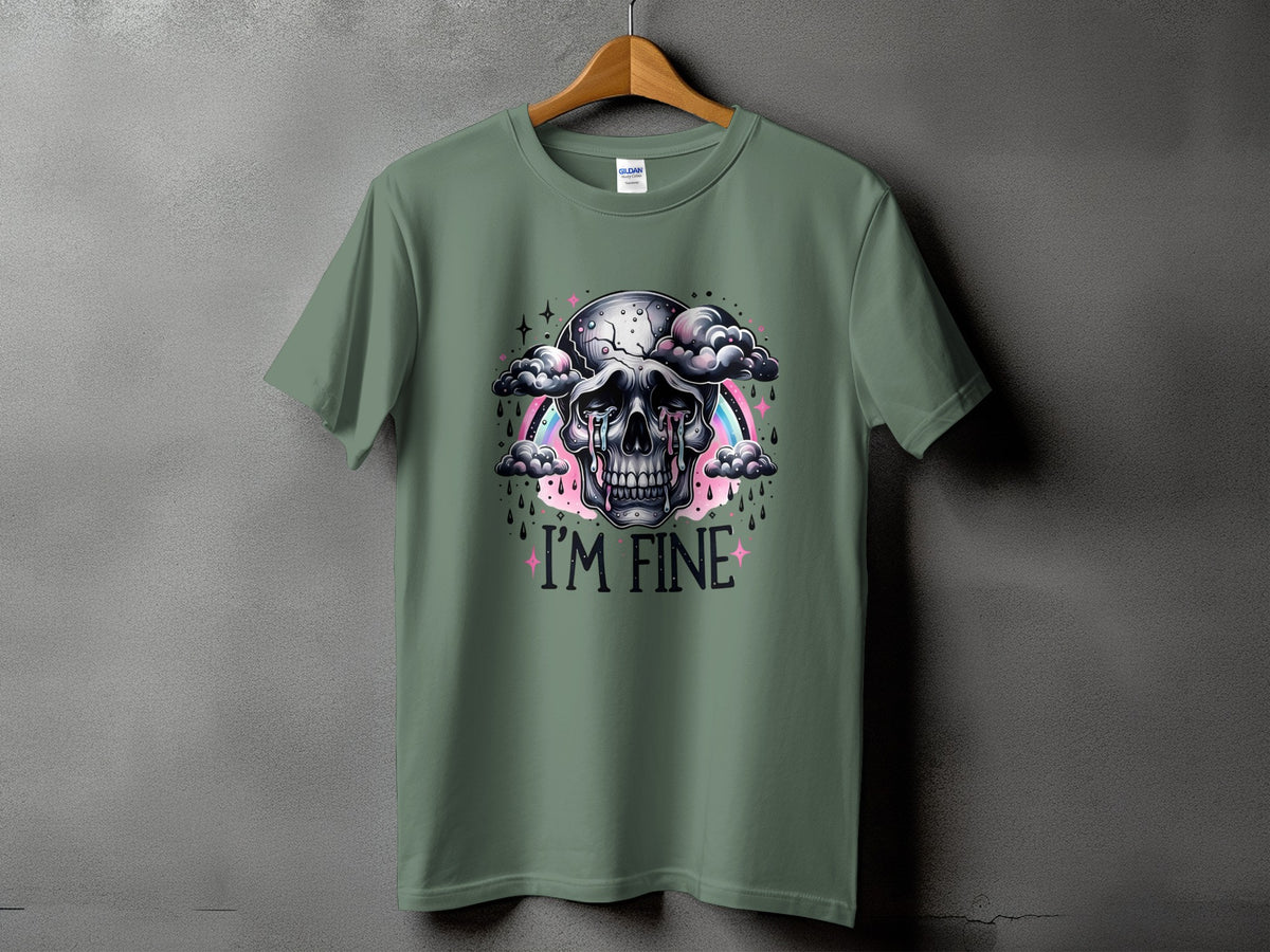 T-shirt with crying skull graphic and "I'M FINE" text.