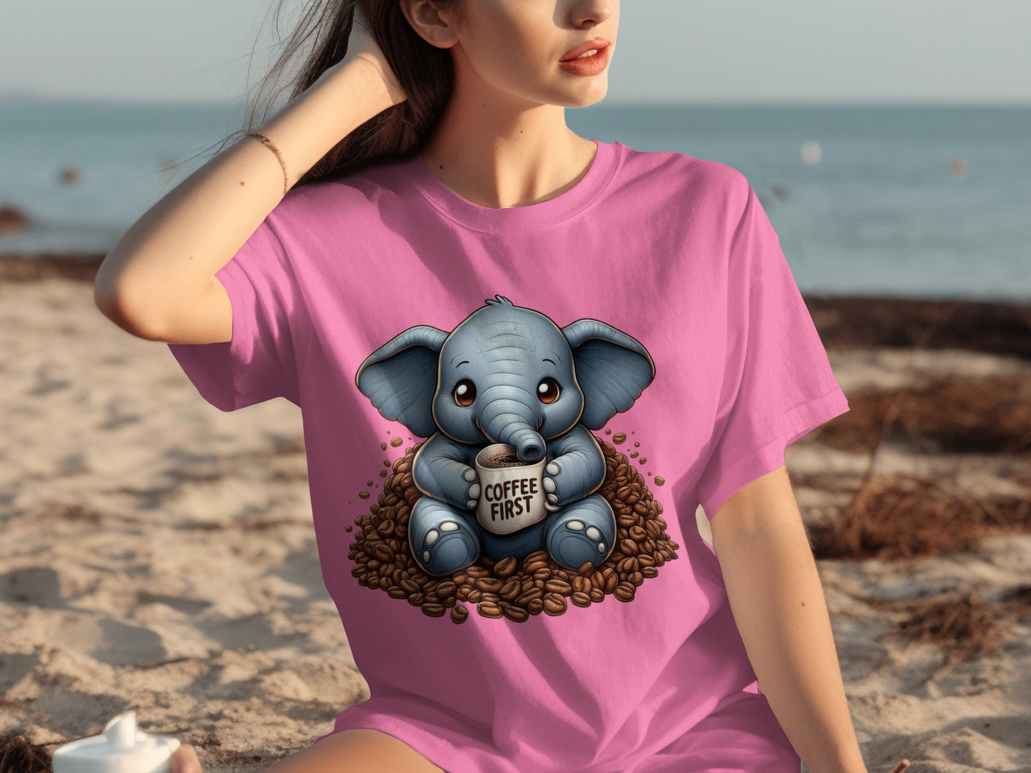 Cute Elephant Coffee First Graphic Tee Shirt