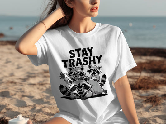 Stay Trashy Raccoon Graphic Tee Fun Beachwear