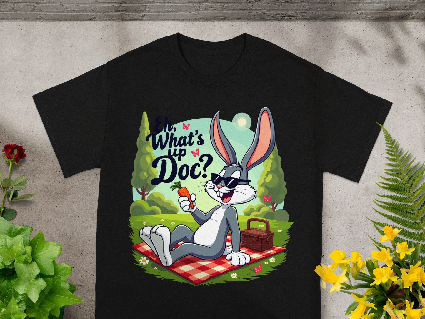 Bugs Bunny in sunglasses sits on a picnic blanket, holding a carrot.