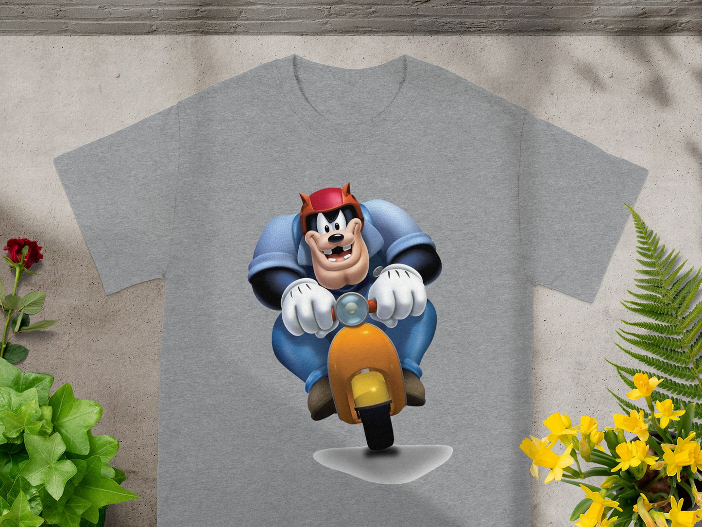 Goofy wearing a red helmet riding an orange scooter.