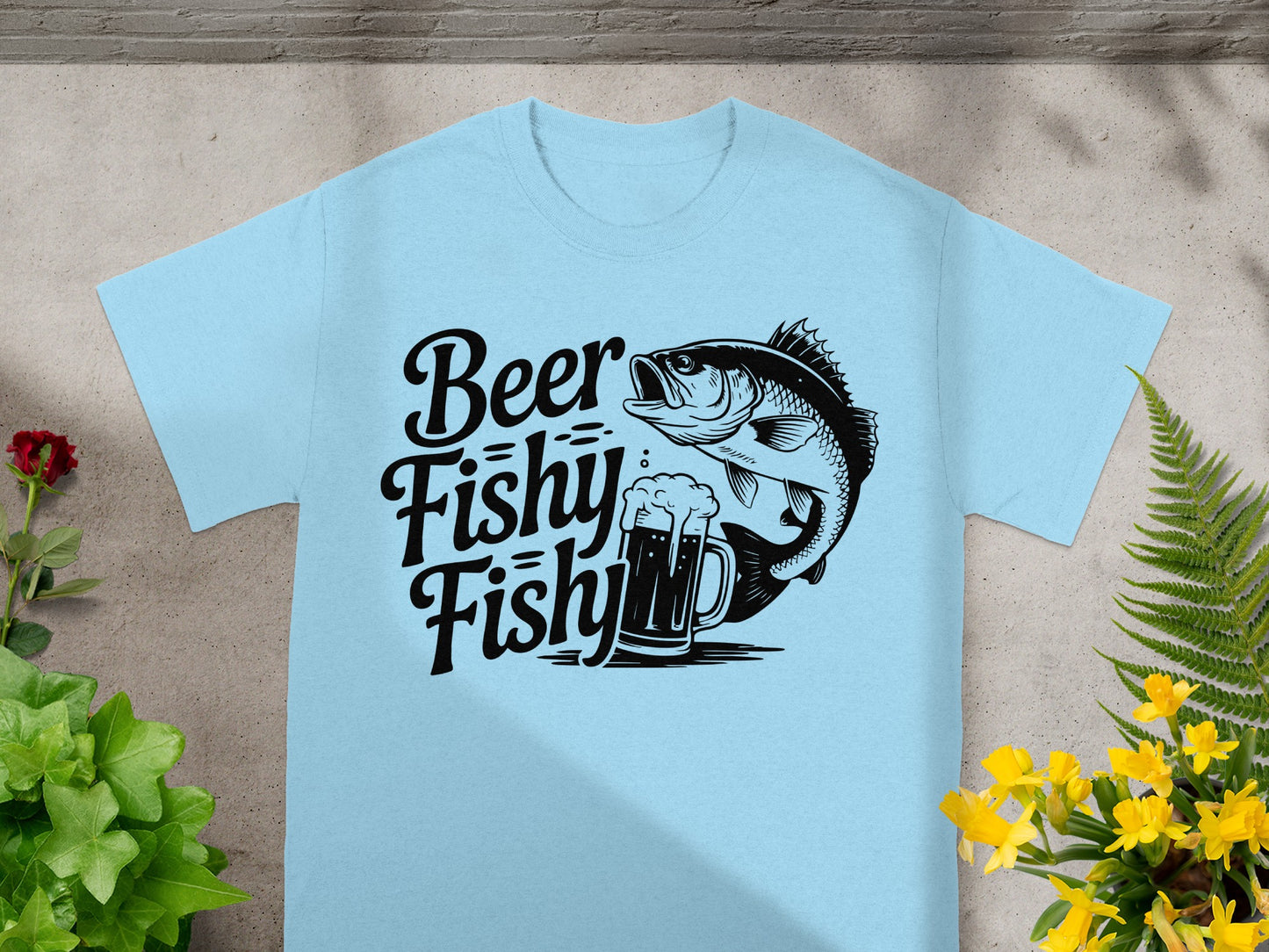 Light blue t-shirt with black text "Beer Fishy Fishy" and a fish and beer mug graphic.