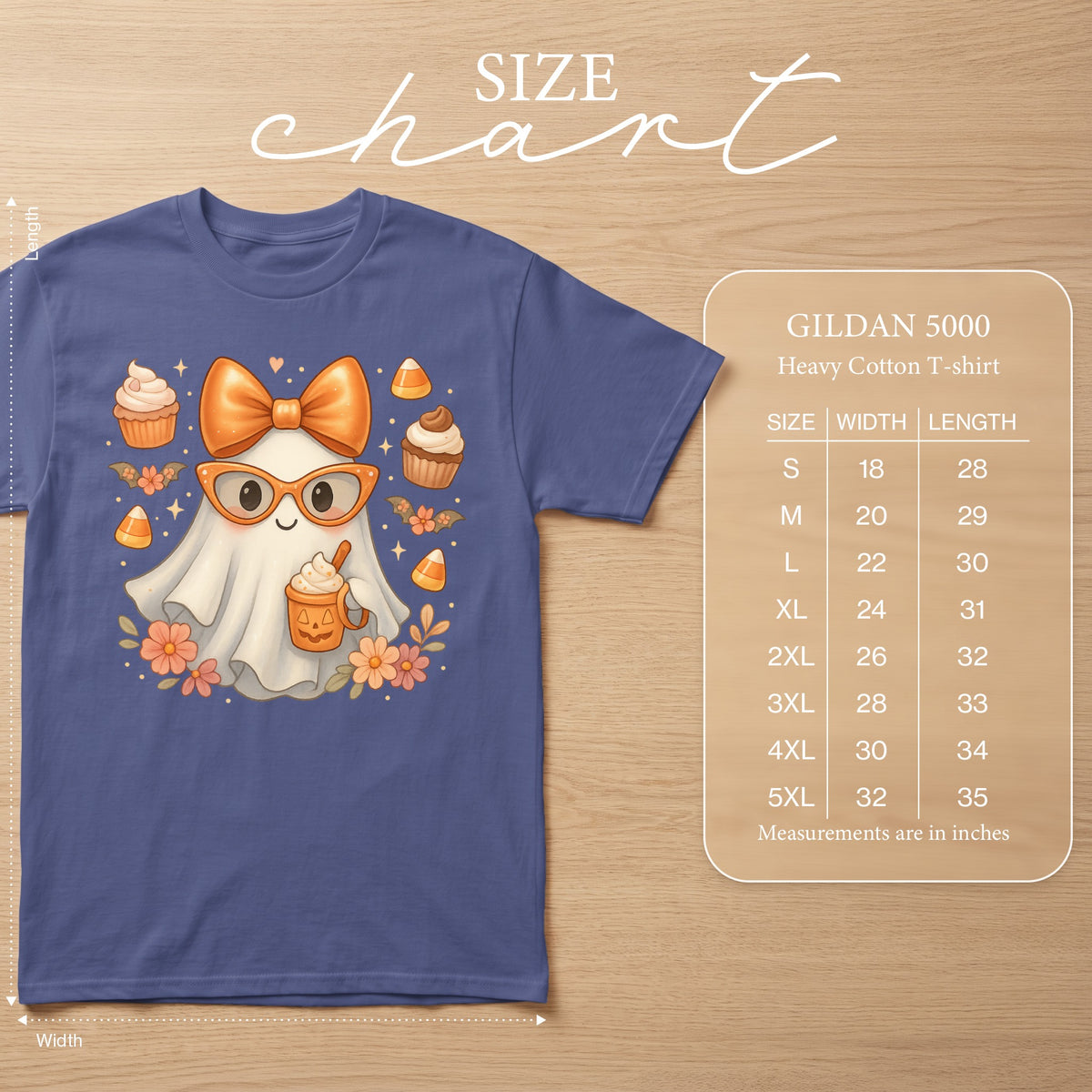 Ghost with orange bow and pumpkin drink size chart on Gildan 5000 heavy cotton t-shirt.