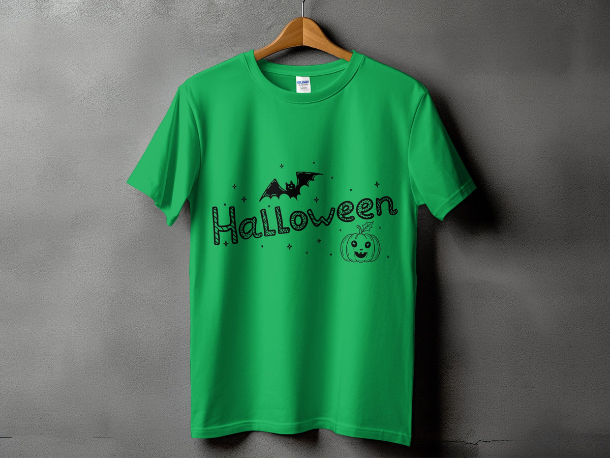 Green t-shirt with "Halloween" text, a bat, and a jack-o'-lantern design.