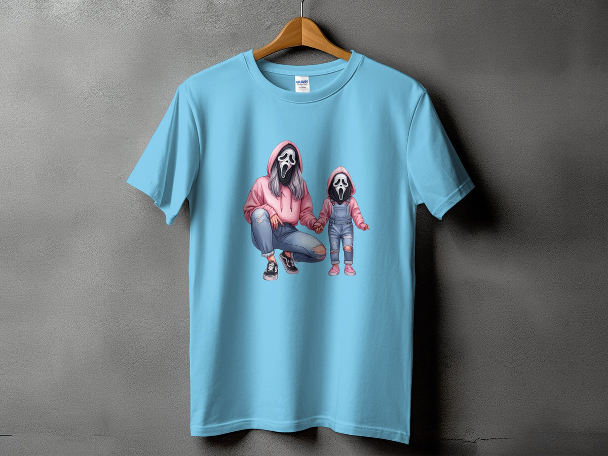 Light blue t-shirt with graphic of two people in ghost masks.