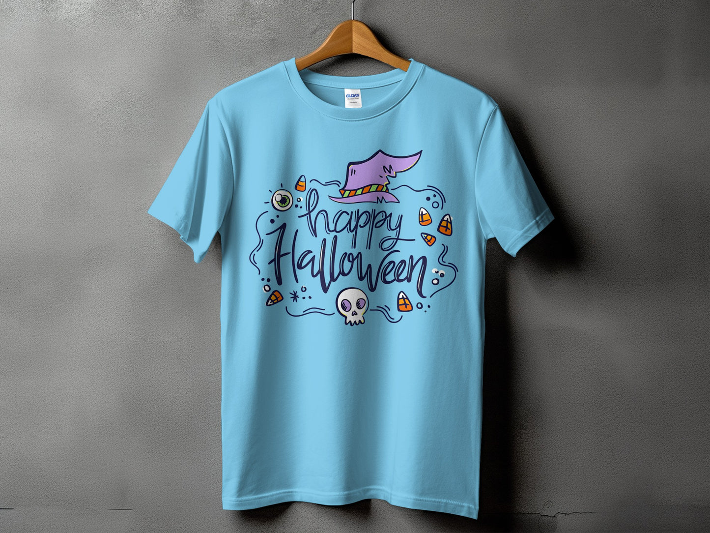 Light blue t-shirt with "Happy Halloween" text and Halloween graphics.